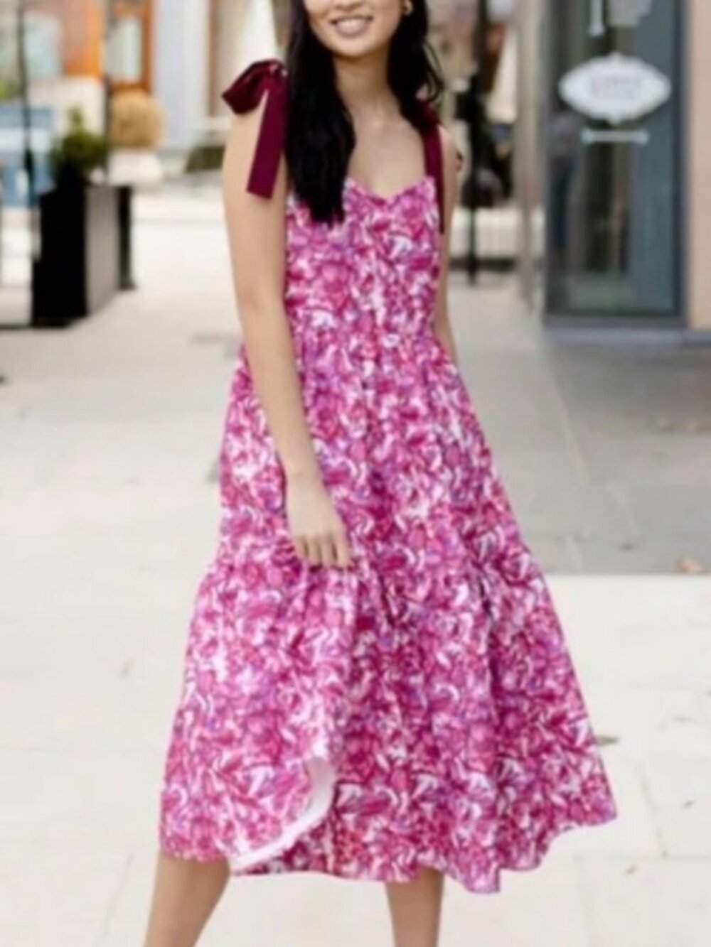 NWT Abbey Glass Pink/Maroon Shoulder Tie Tiered Midi Dress. Size M
